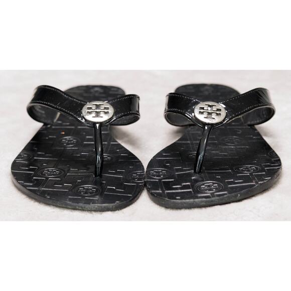 Tory Burch Thora Black Patent Leather Thong Sandals Womens Size 9 Silver Logo - Picture 2 of 16